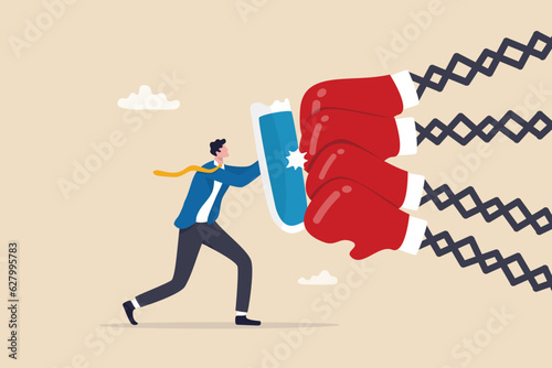 Fototapeta Business threat, fight to survive in business competition, resilience or adversity, challenge or survive to win, courage fighter concept, businessman hold shield to fight with multiple fighter punch