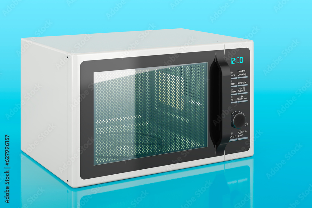 Obraz premium Microwave on blue background, 3D rendering