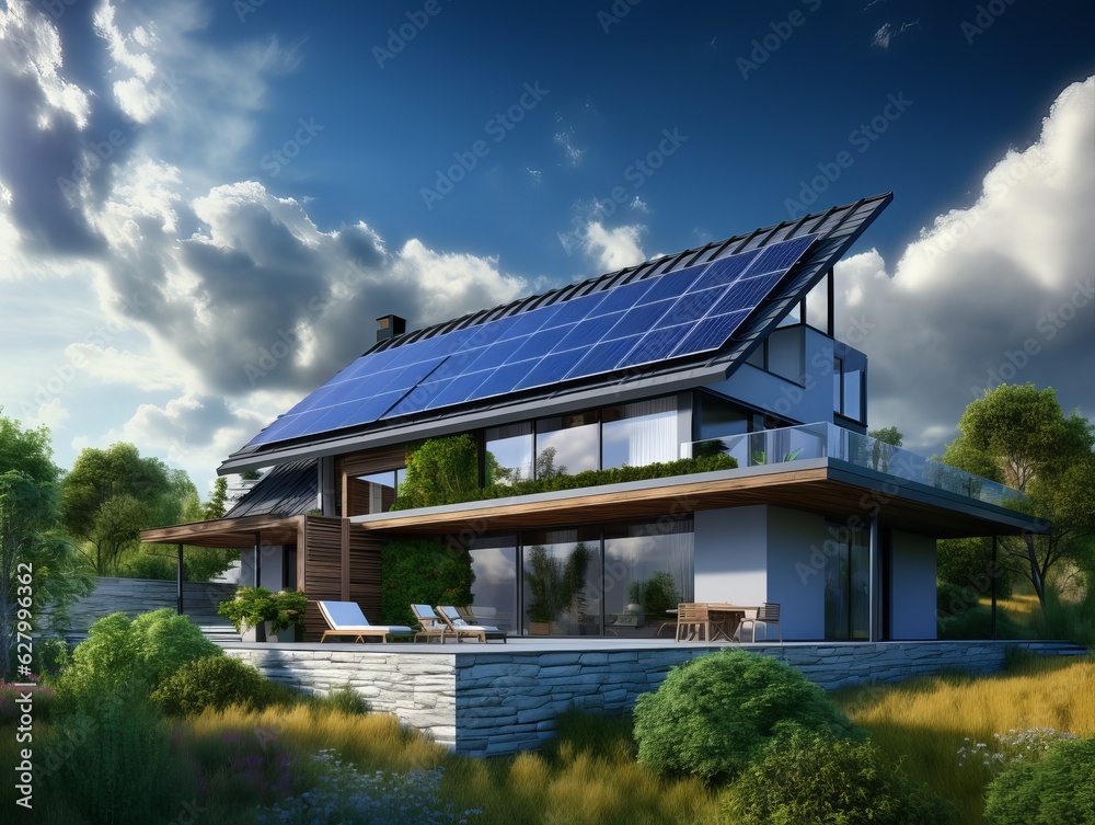 Modern house with solar panel roof, bright sky, beautiful garden. Generative ai Modern house with solar panel roof, bright sky, beautiful garden. Generative ai