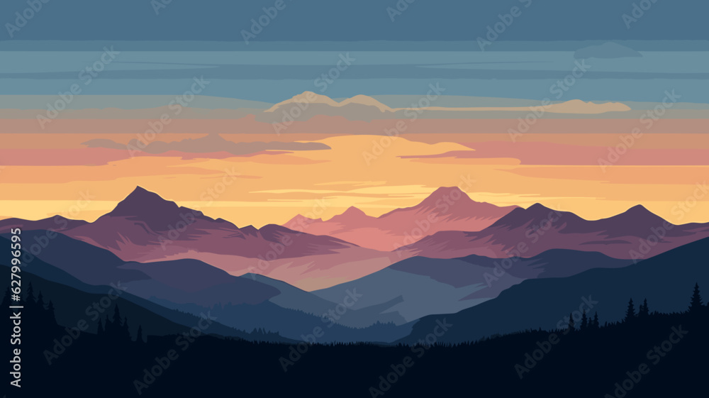 AI generated. Vector illustration. View of an alpine landscape. Simple vector illustration, with meadows and alpine mountains in the background. Sunset. purple tones.