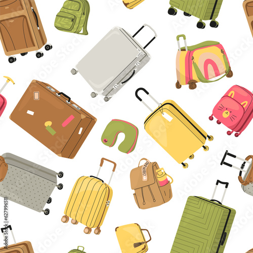 Seamless pattern of travel items. Different shapes and colors suitcases for adults and children. Airplane pillows and hats, bags and backpack. Vector illustration for paper or textile.