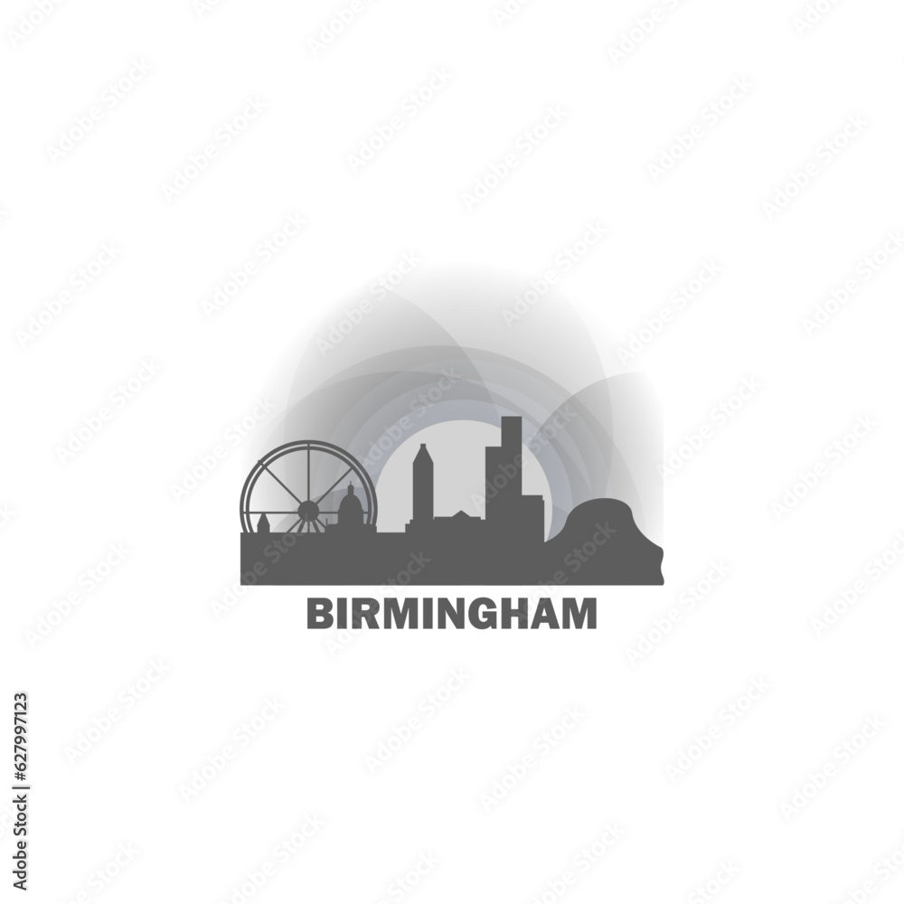 UK England Birmingham cityscape skyline capital city panorama vector flat modern logo icon. Britain West Midlands metropolitan emblem idea with landmarks and building silhouettes at sunset sunrise