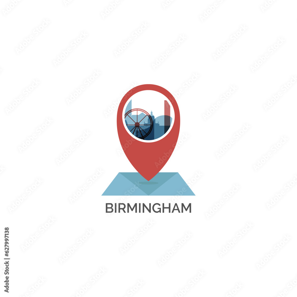 UK England Birmingham map pin point geolocation modern skyline shape pointer vector logo icon isolated illustration. Great Britain West Midlands web emblem idea with landmarks and building silhouettes UK England Birmingham map pin point geolocation modern skyline shape pointer vector logo icon isolated illustration. Great Britain West Midlands web emblem idea with landmarks and building silhouettes