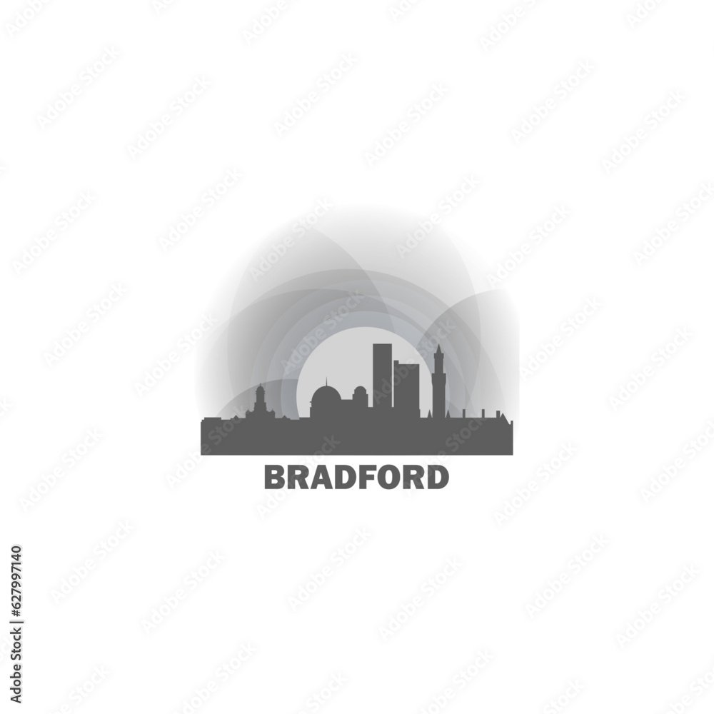 UK England Bradford cityscape skyline capital city panorama vector flat modern logo icon. Great Britain West Yorkshire emblem idea with landmarks and building silhouettes at sunset sunrise