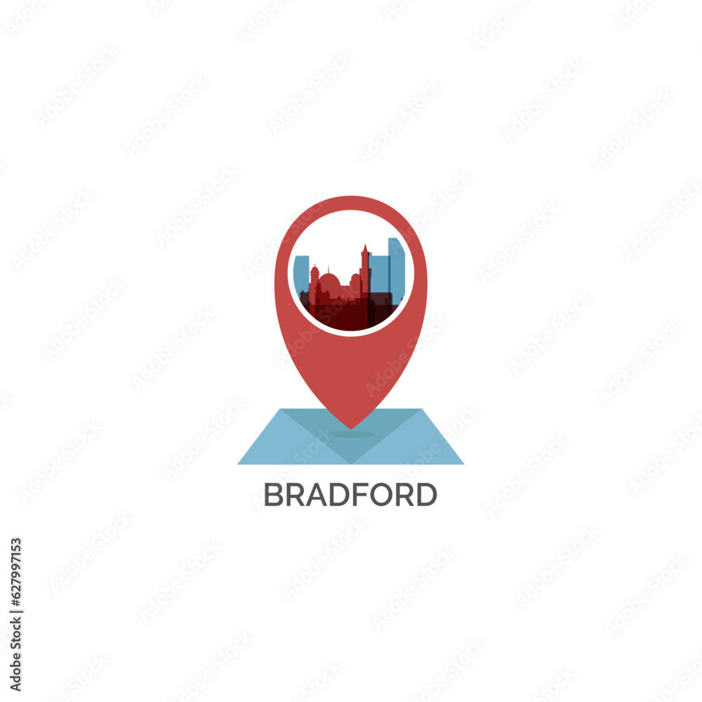 UK England, Bradford icon of map pin pointer, geolocation, skyline shape. Vector logo, isolated clip art. United Kingdom, West Yorkshire web symbol with landmarks and buildings UK England, Bradford icon of map pin pointer, geolocation, skyline shape. Vector logo, isolated clip art. United Kingdom, West Yorkshire web symbol with landmarks and buildings