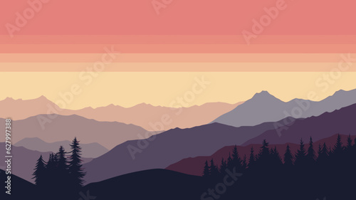 AI generated. Vector illustration. View of an alpine landscape. Simple vector illustration, with meadows and alpine mountains in the background. Purple tones