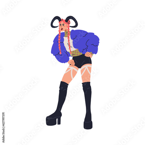 Sassy horned woman. Devil girl in sexy teasing outfit, fur and high leather boots. Young hot female character in modern party apparel. Flat graphic vector illustration isolated on white background