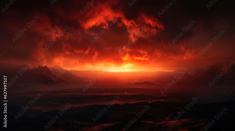 Abstract dark red background. Dramatic red sky. Fantastic sunset background. Generative Ai