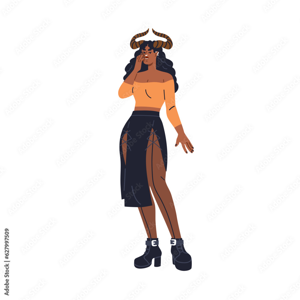 Sexy devil girl in hot Halloween outfit, heels and horns. Young sassy woman in hell party apparel. Wicked female character, beauty. Flat graphic vector illustration isolated on white background Sexy devil girl in hot Halloween outfit, heels and horns. Young sassy woman in hell party apparel. Wicked female character, beauty. Flat graphic vector illustration isolated on white background