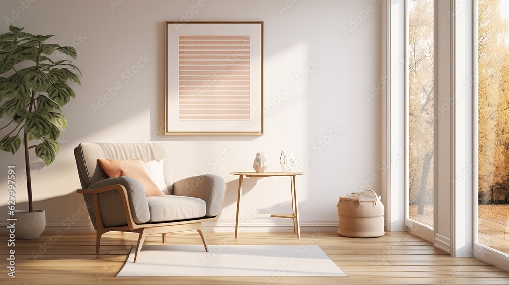 Fototapeta premium Home design itnerior with some chairs and photo on the wall. Generative ai