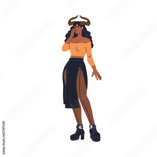 Sexy devil girl in hot Halloween outfit, heels and horns. Young sassy woman in hell party apparel. Wicked female character, beauty. Flat graphic vector illustration isolated on white background