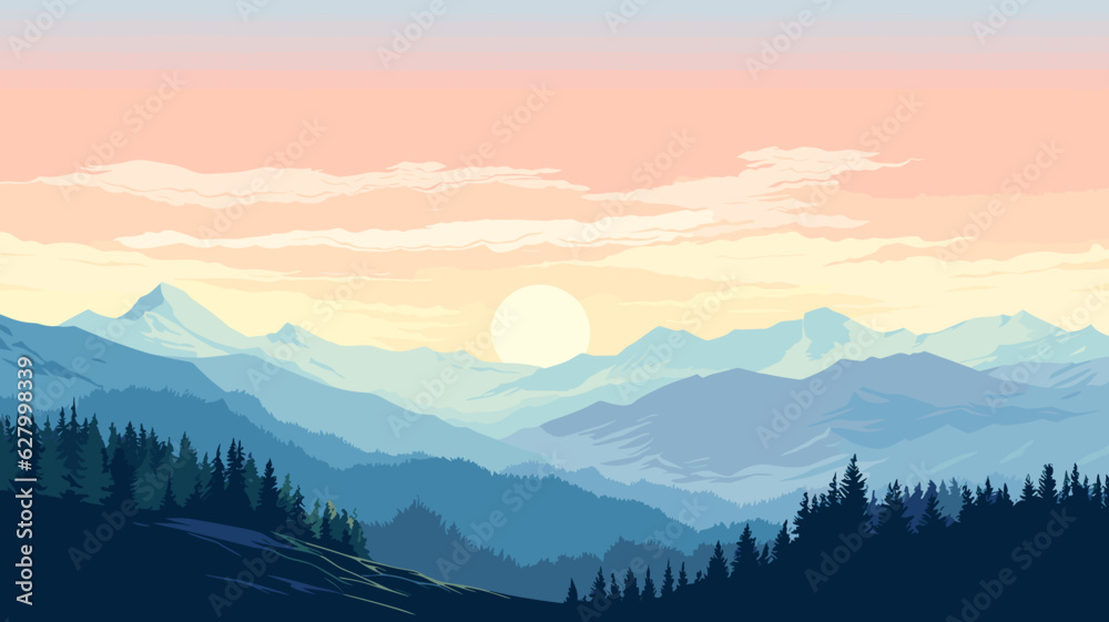 AI generated. Vector illustration. View of an alpine landscape. Simple vector illustration, with meadows and alpine mountains in the background. Sunrise.