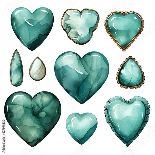 Set Turquoise western stone heart Vintage Watercolor element PNG.transparent background Generative AI