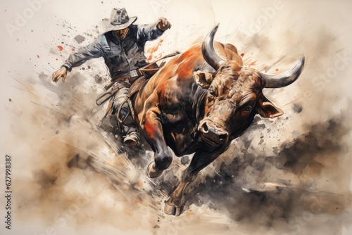 Cowboy tamer falling off the wild bull. Colorful pencil illustration on paper.