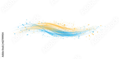 Yellow and blue magic spirals with sparkles. Yellow and blue light effect. Glitter particles with lines. Swirl effect. PNG.
