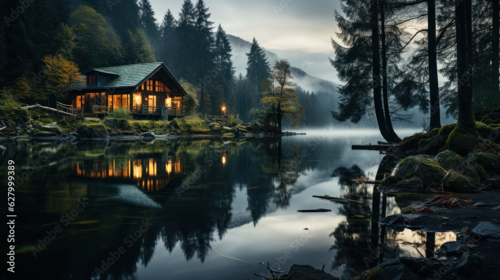 A picture of a rustic cabin with a lake and pine
