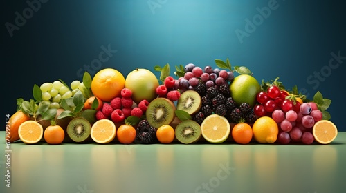 fruits and vegetables on blue background