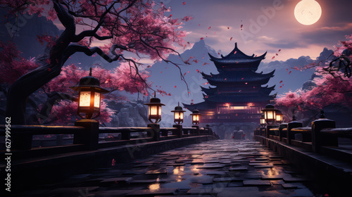 An image of an oriental temple with lanterns 