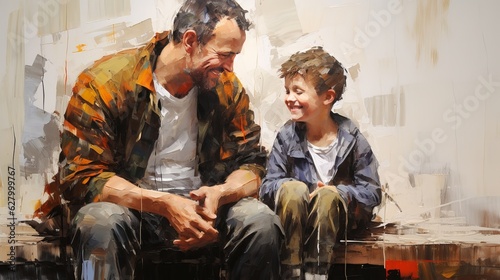 Illustration of father and son in the style of oil painting. Generative ai