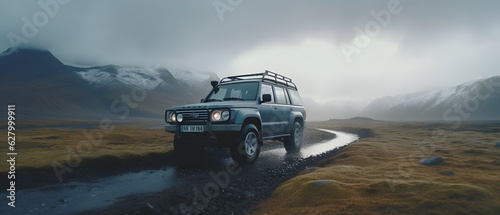 Suv is driving on a remote beach of Iceland. Generative AI © Alex Bur