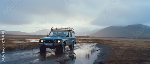 Suv is driving on a remote beach of Iceland. Generative AI © Alex Bur