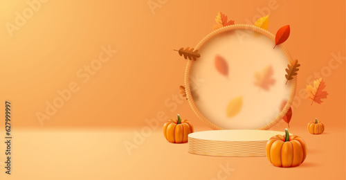 Autumn empty podium with transparent frosted display, autumn leaves and pumpkins. Vector illustration.