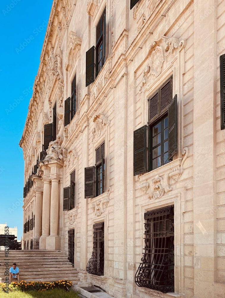 Front view of magnificent baroque palazzo the Auberge de Castille located at Castile Place in Valletta, Malta