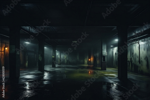 Dark Basement Parking Area, Underground Parking Garage, Wet Asphalt, Lights on Walls and Pillars, Night Time Crime Concept, generative AI