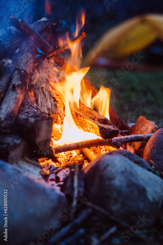 Close-up of warm campfire near tent at night. Beautiful bonfire, burning old wood in autumn or summer time. Active lifestyle, traveling, hiking. Camping vibes and outdoor lifestyle mood