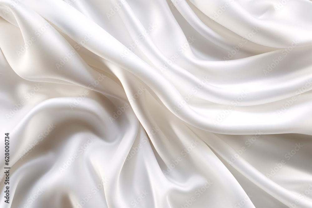 Fototapeta premium Closeup of rippled white silk satin fabric texture background. Abstract background of white wavy silk or satin.