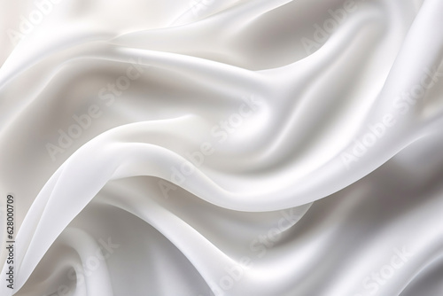 Closeup of rippled white silk satin fabric texture background. Abstract background of white wavy silk or satin.