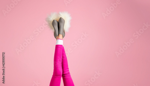 barbie girl legs with pink high-heeled boots with furry flying out on light pink background