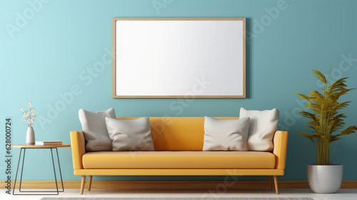 A living room with a yellow couch and a plant. Digital image. Painting mockup.