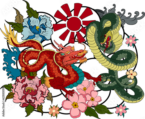 Traditional old dragon battle snake vector for tattoo design on background.Chinese dragon fighting snake with sunrise and flower for printing on t-shirt.Idea for coloring book illustration on isolated