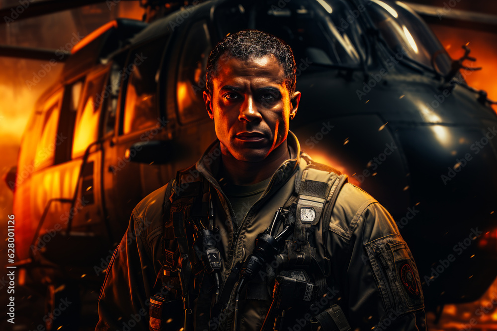 Brave soldier in battle portrait. Military armored man in fire. Generative AI. Brave soldier in battle portrait. Military armored man in fire. Generative AI.