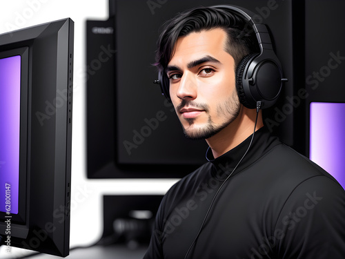 Male streamer with headphones, creator. Generative AI