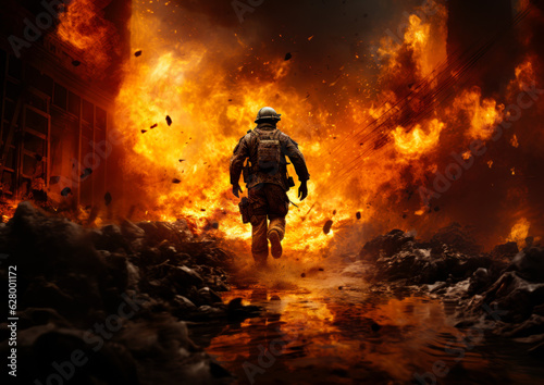 Battlefield fire explosion soldier. Special forces warfare. Generative AI.