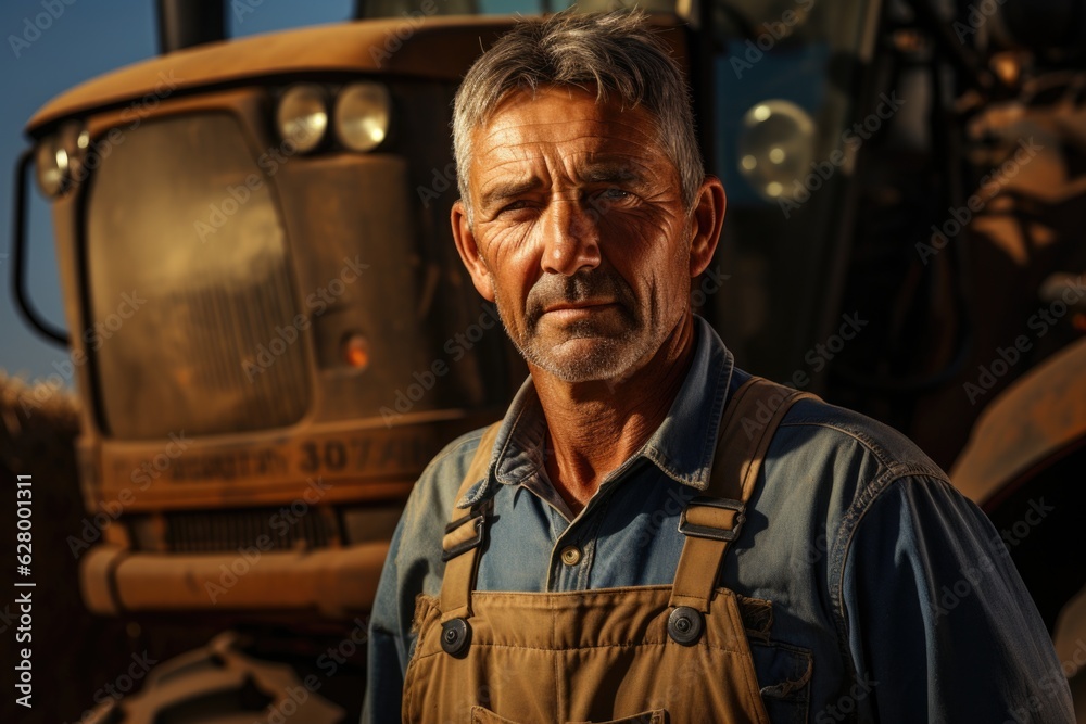 A man standing in front of a tractor. Portrait of a farmer. A man standing in front of a tractor. Portrait of a farmer.