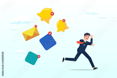 Businessman running away from apps, email and ringing bell notifications, annoy notifications disturbing pop up or online message sound, marketing or advertising push notifications concept (Vector) 