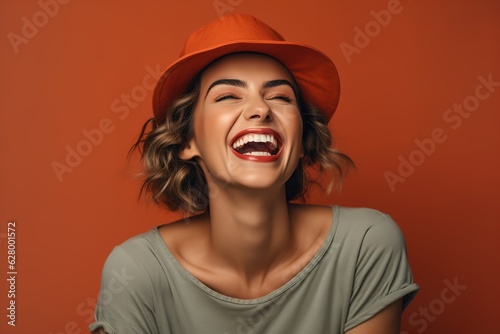 portrait of young happy smiling woman wearing hat