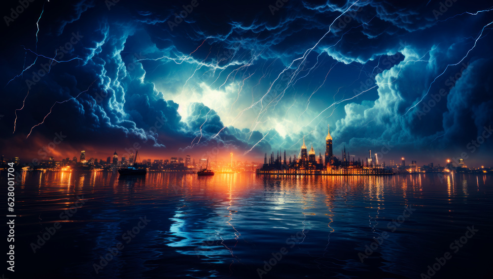 Lightning disaster in a sea. Powerful raining thunderstorm. Generative AI.