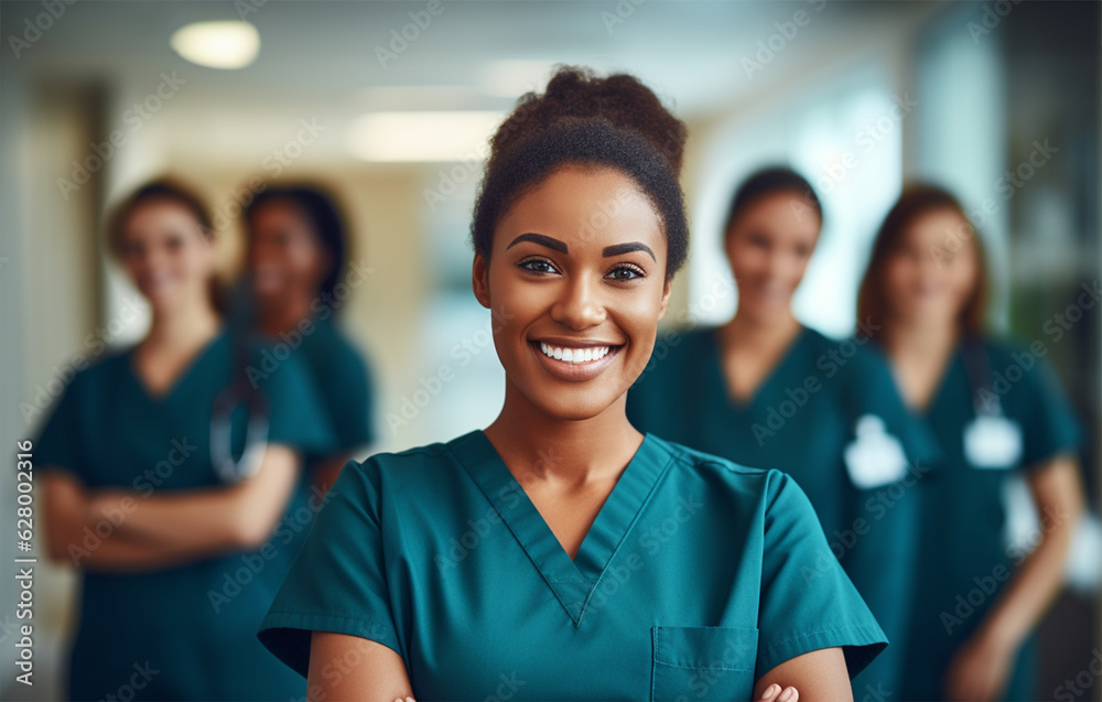 young nursing student, standing confidently with her team in a hospital setting young nursing student, standing confidently with her team in a hospital setting