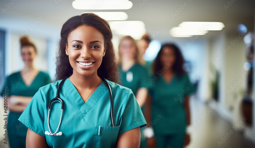 young nursing student, standing confidently with her team in a hospital setting
