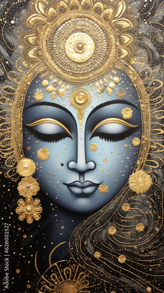 A painting of a woman's face with gold decorations. Gold and silver glitter on dark background.