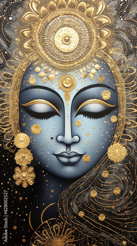A painting of a woman's face with gold decorations. Gold and silver glitter on dark background.