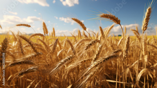 Giant ears of wheat against the blue sky