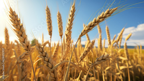 Giant ears of wheat against the blue sky