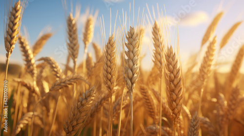Giant ears of wheat against the blue sky
