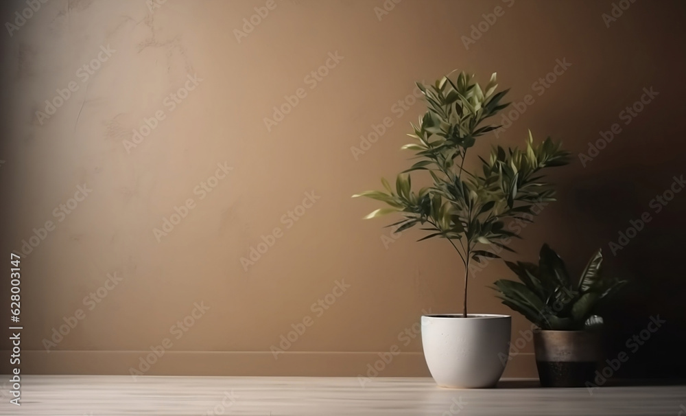 Plant in a vase. An empty wall with a wooden shelf and a green potted plant.