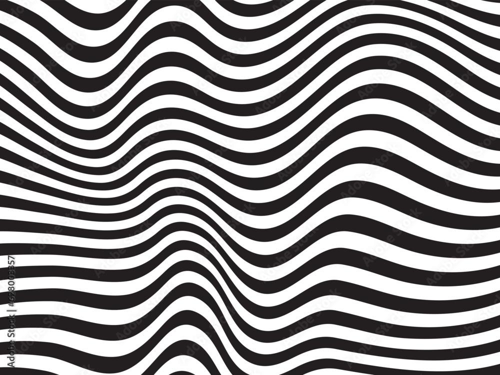 Abstract vector wave stripes. Black and white striped background. Geometric pattern with visual distortion effect. Optical illusion. Curved lines. Op art. Abstract vector wave stripes. Black and white striped background. Geometric pattern with visual distortion effect. Optical illusion. Curved lines. Op art.